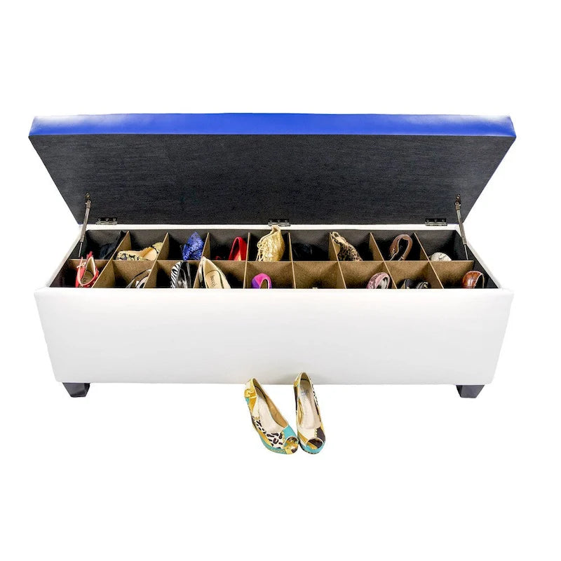 Mid Century Modern White Vinyl Shoe Storage Bench