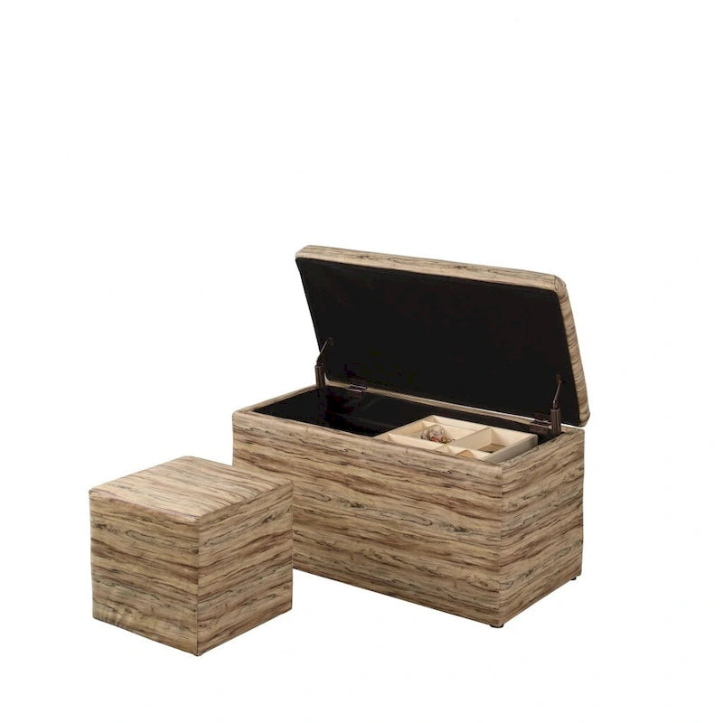 Taupe and Blue Plaid Storage Bench and Ottoman Three Piece Set
