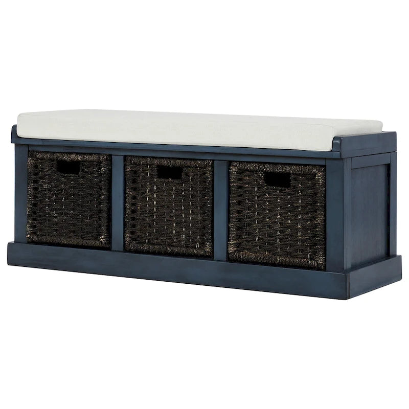 Rustic Storage Bench with 3 Removable Classic Rattan Basket