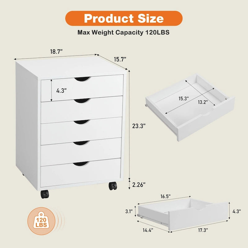Wood Mobile 5-Drawer File Cabinet