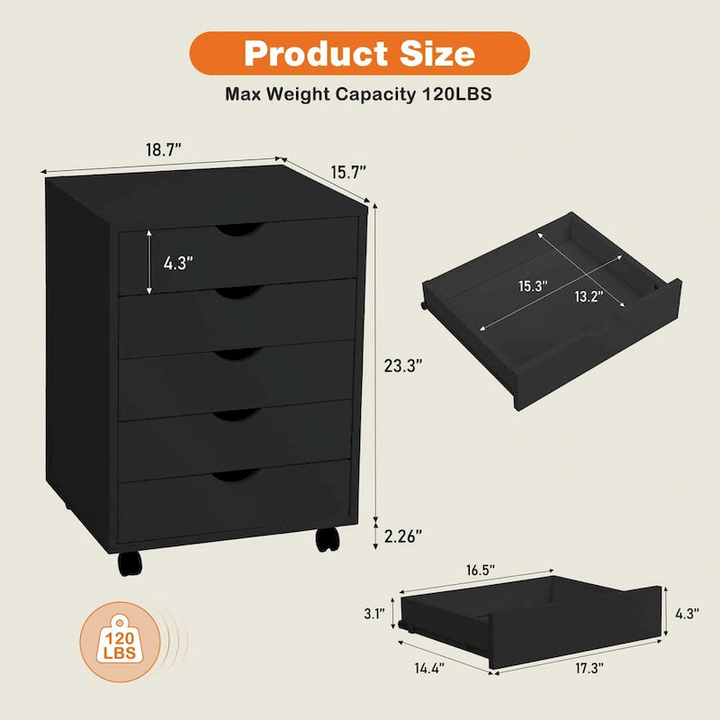 Wood Mobile 5-Drawer File Cabinet