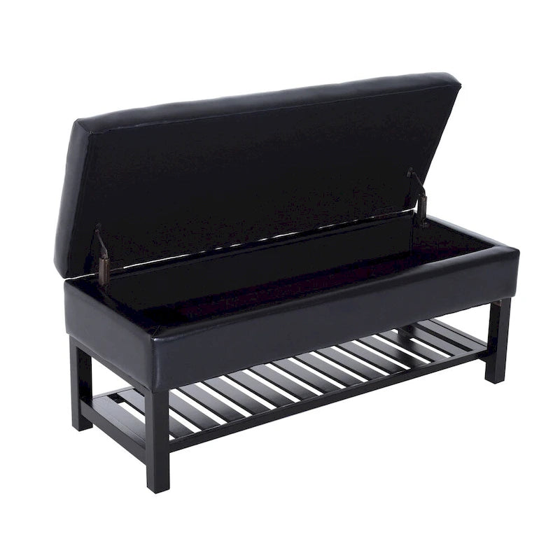 Porch & Den Westfield 44-inch Black PU Leather Tufted Shoe Rack Ottoman Storage Bench