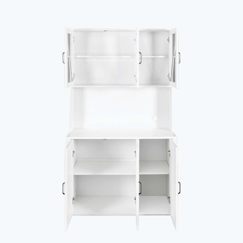 Large Kitchen Pantry Storage Cabinet with Glass Doors,Drawers & Open Shelves