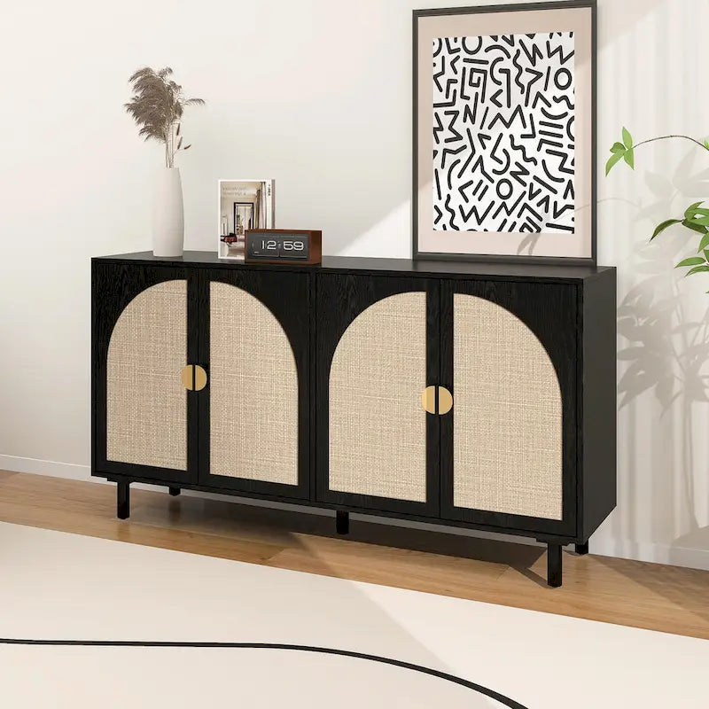 4 Door Rattan Storage Cabinet with Adjustable Shelves