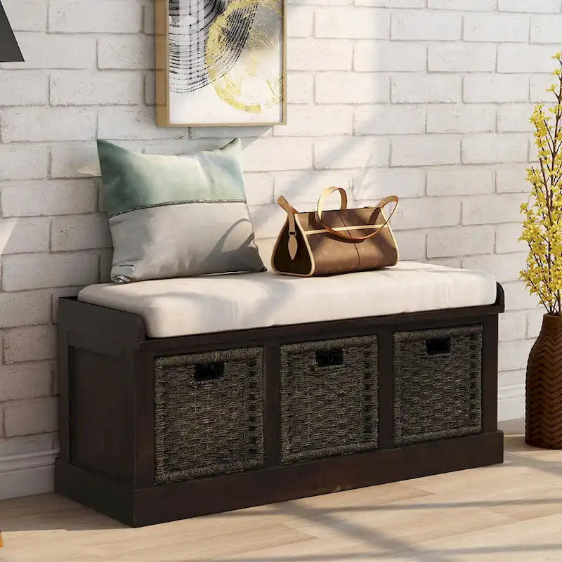 Entryway Bench with 3 Removable Classic Rattan Baskets - 43.7L x 15.7W x 17H