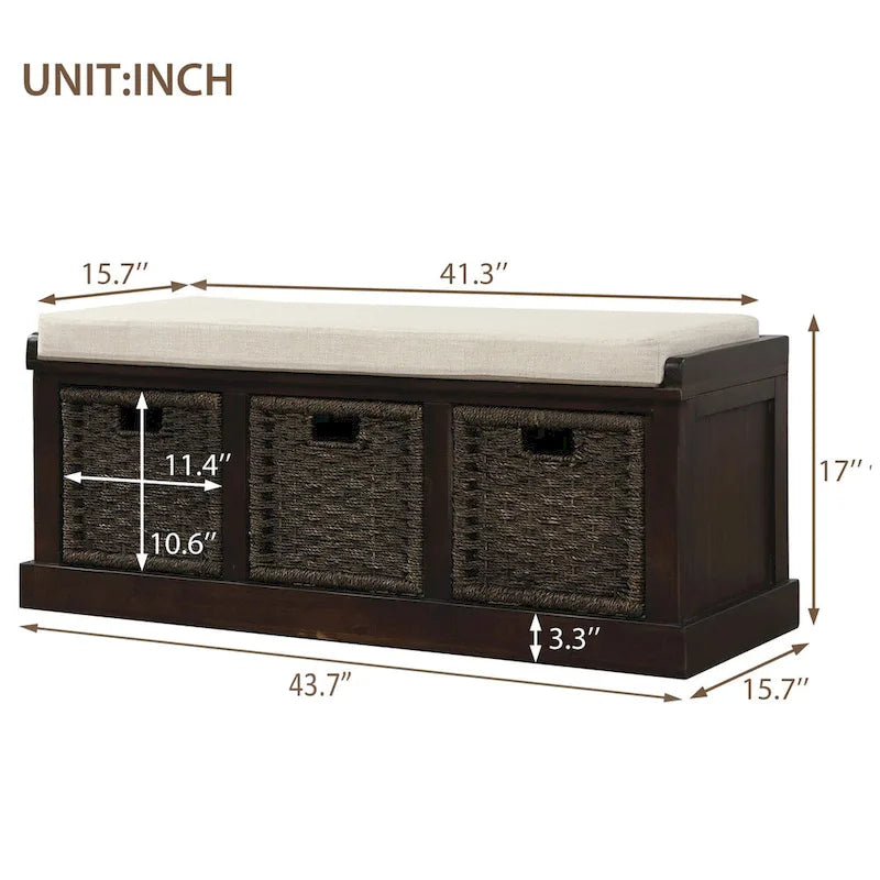 Entryway Bench with 3 Removable Classic Rattan Baskets - 43.7L x 15.7W x 17H