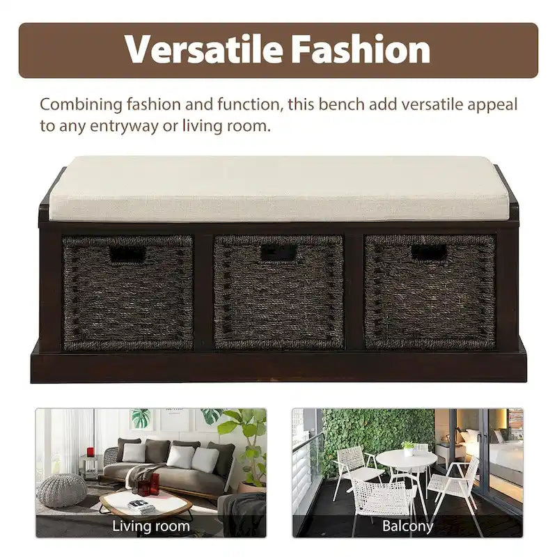 Entryway Bench with 3 Removable Classic Rattan Baskets - 43.7L x 15.7W x 17H