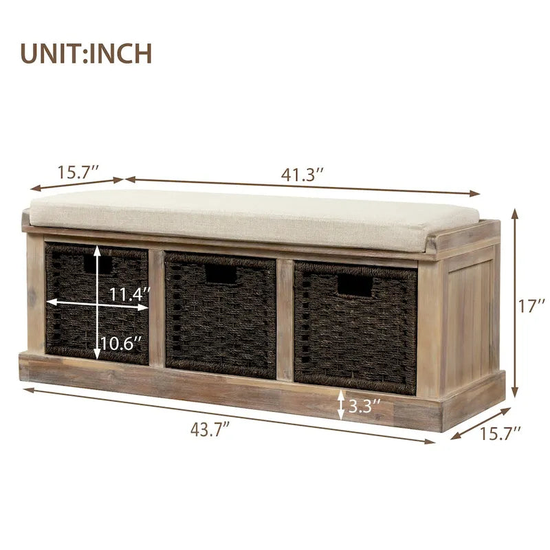 Entryway Bench with 3 Removable Classic Rattan Baskets - 43.7L x 15.7W x 17H
