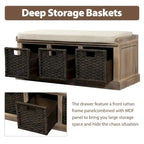 Entryway Bench with 3 Removable Classic Rattan Baskets - 43.7L x 15.7W x 17H