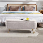 Storage Ottoman Bench for End of Bed Gold Legs, Modern Ivory White Faux Fur Entryway Bench Upholstered Padded with Storage