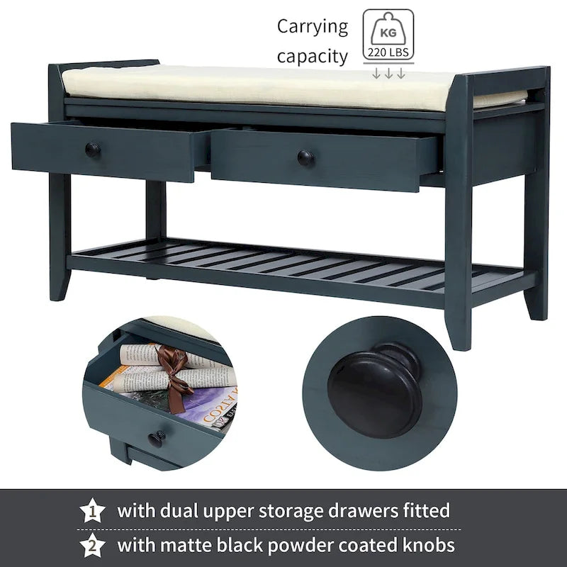 Shoe Rack with Cushioned Seat and Drawers, Multipurpose Entryway Storage Bench