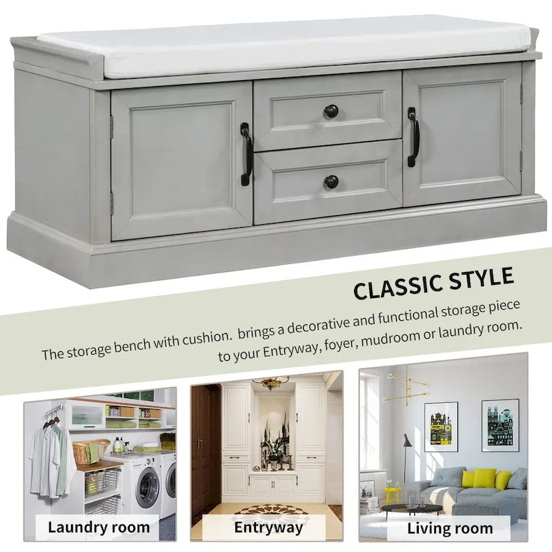 Storage Bench with 2 Drawers and 2 Cabinets