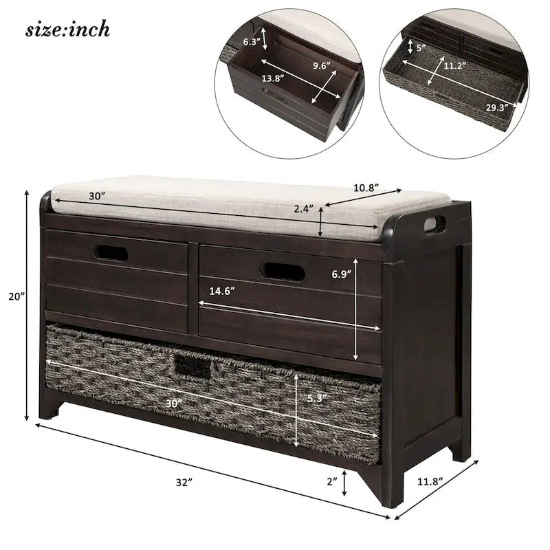 Wood Storage Bench with 2 Woven Baskets by Harper&Bright Designs