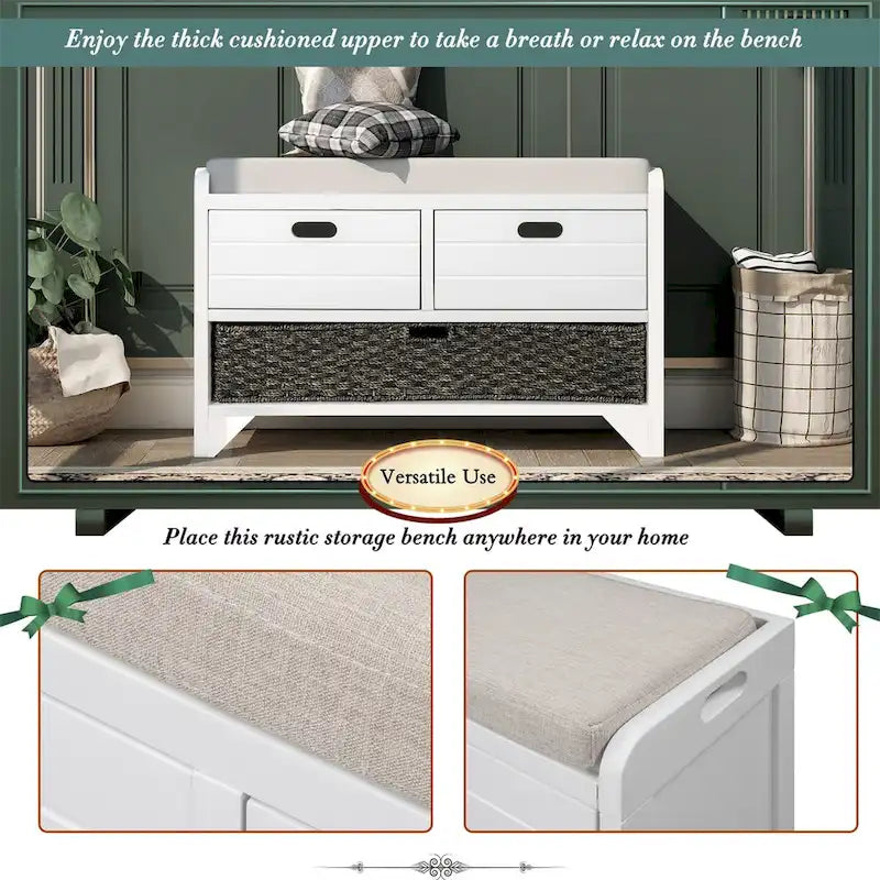 Wood Storage Bench with 2 Woven Baskets by Harper&Bright Designs