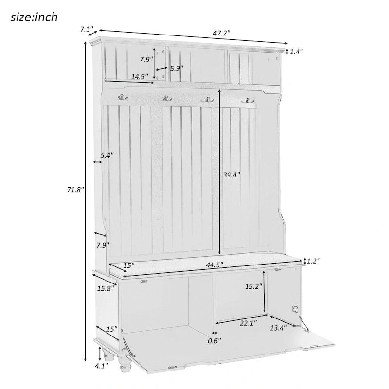 47.2 Entryway Bench with Coat Rack, Cushion and 4 Sturdy Hooks for Hallway, Entryway, Living Room