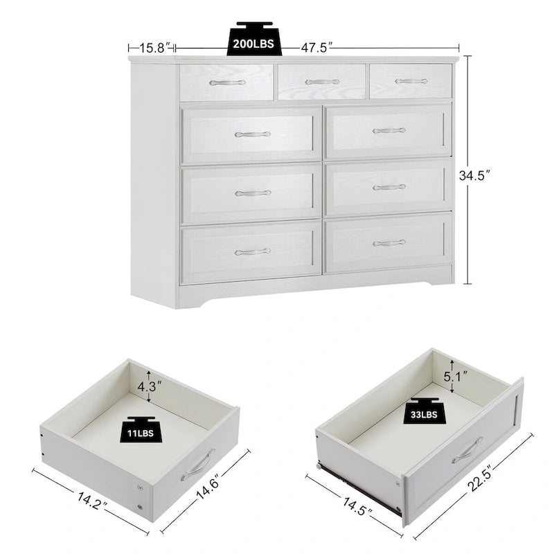Bedroom dresser, 9 drawer long dresser with antique handles, wood chest of drawers for kids room, living room, entry and hallway