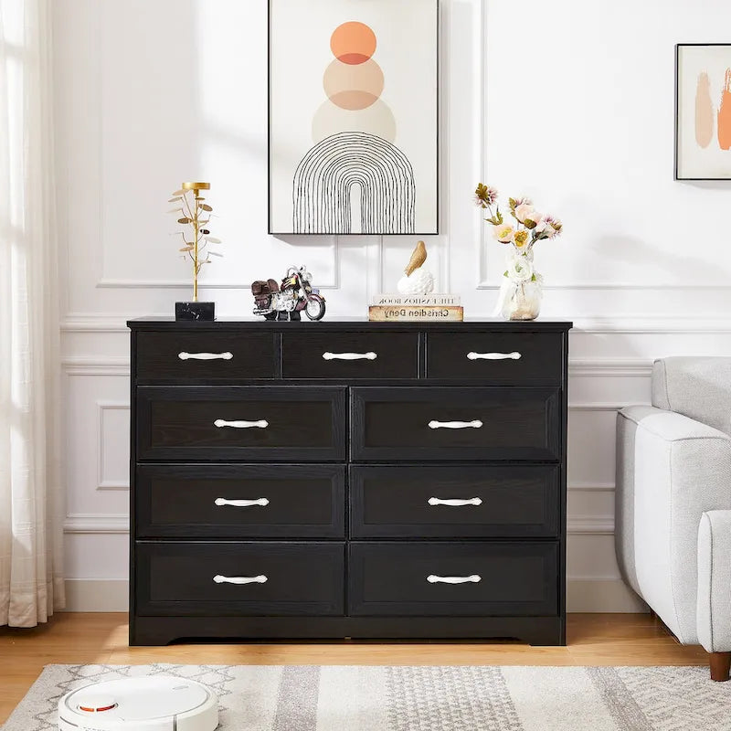 Bedroom dresser, 9 drawer long dresser with antique handles, wood chest of drawers for kids room, living room, entry and hallway
