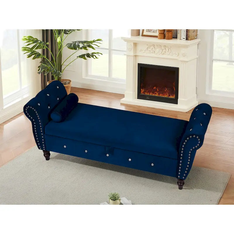 63.38Multifunctional Storage Rectangular Ottoman Bench Comes with Crystal Buckle Solid Wood Legs with 1 Pillow