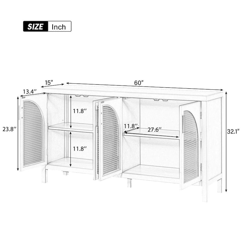 Sideboard with Artificial Rattan Door and Metal Handles - 47.2L x 11.8W x 31.5H