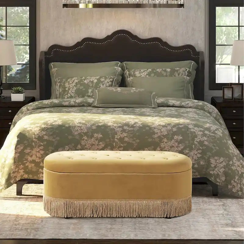 Melinda 48.5 Upholstered Tufted Oval Storage Bench with Bullion Fringe