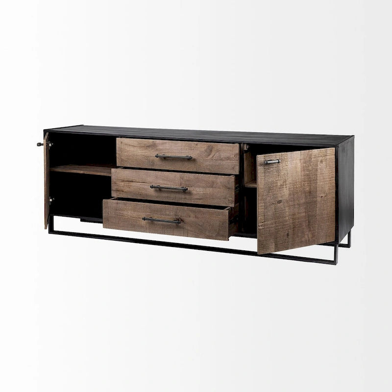 Alvin Brown Solid Wood With Black Metal Frame 3 Drawer 2 Cabinet Door Sideboard - 82.0L x 20.0W x 30.0H