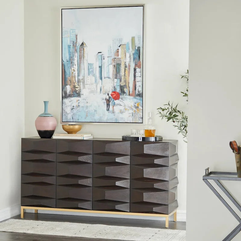 Wooden Geometric 1 Shelf and 2 or 4 Doors Cabinet - Brown - Roche River Decor