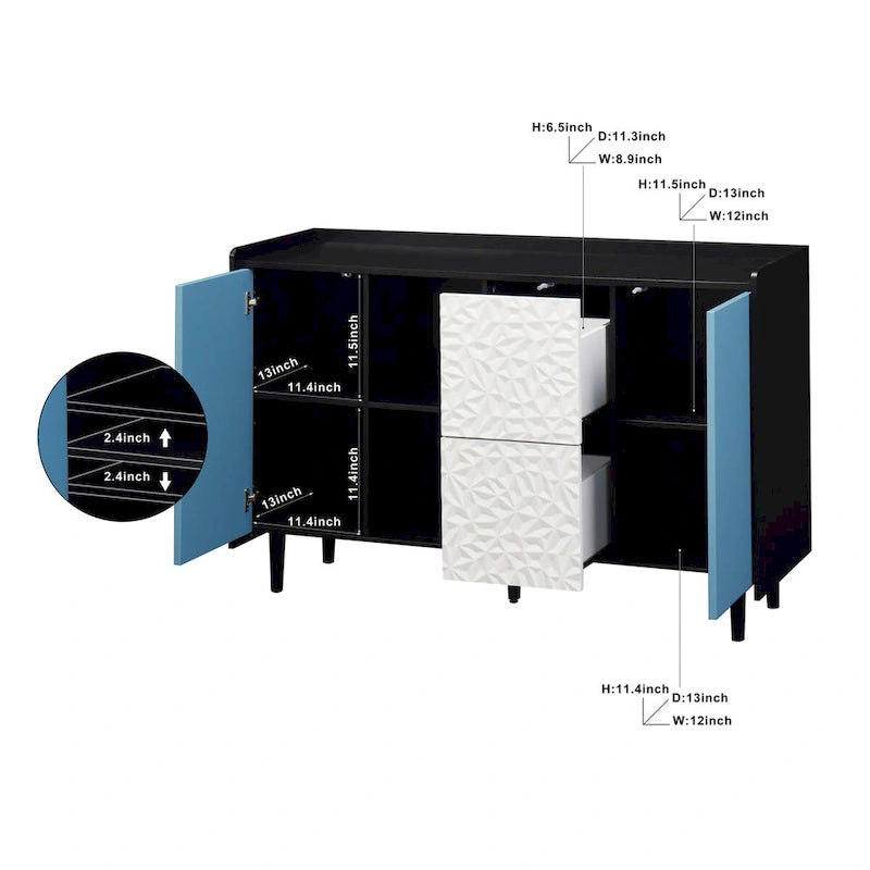 Sideboard Buffet Cabinet,Storage Cabinet with Blue Doors,2 Drawers with unique panel styling and 2 Open Storage Compartment