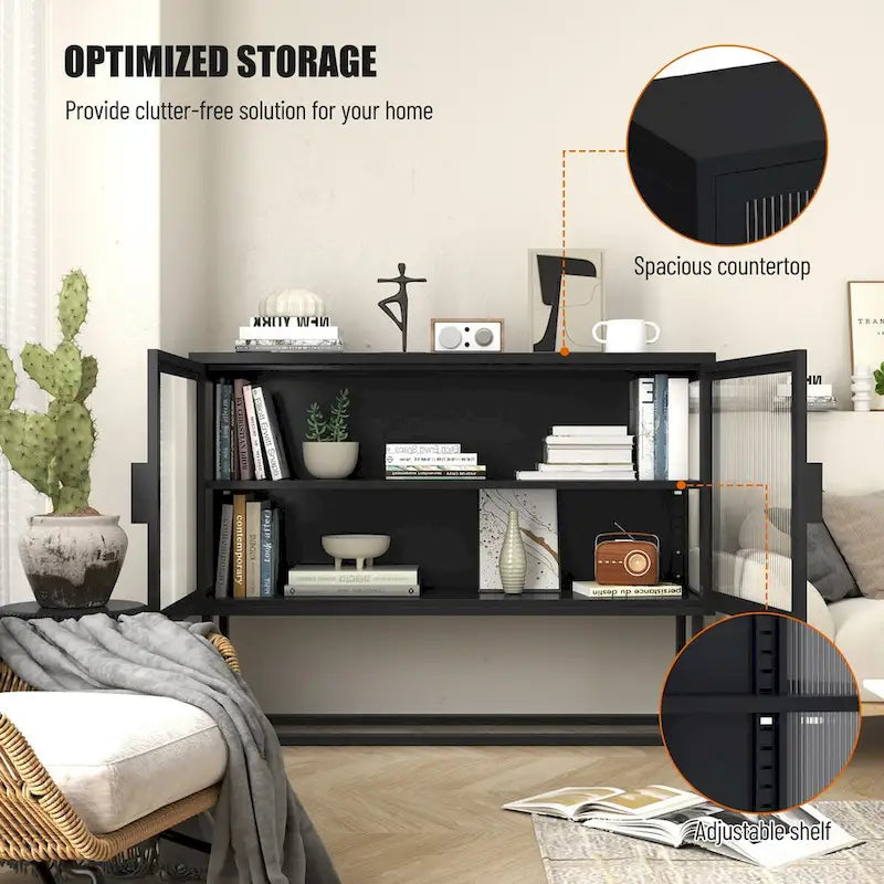 Tempered Glass Cabinet with 2 Fluted Glass Doors Adjustable Shelf U-shaped Leg free Enclosed Cupboard for Kitchen Living Room