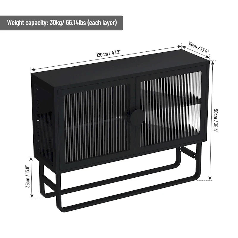Tempered Glass Cabinet with 2 Fluted Glass Doors Adjustable Shelf U-shaped Leg free Enclosed Cupboard for Kitchen Living Room
