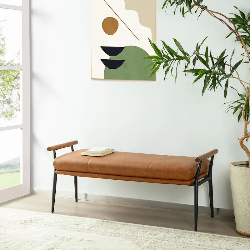 Glitzhome 48.5W Modern Upholstered Bench with Wooden Arms and Metal Legs