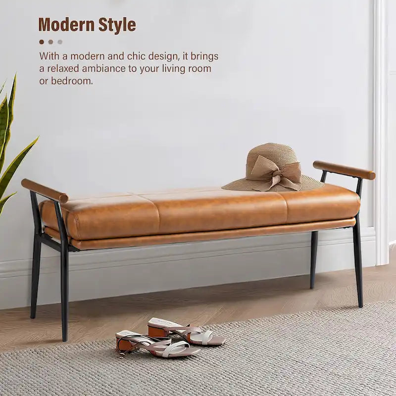 Glitzhome 48.5W Modern Upholstered Bench with Wooden Arms and Metal Legs