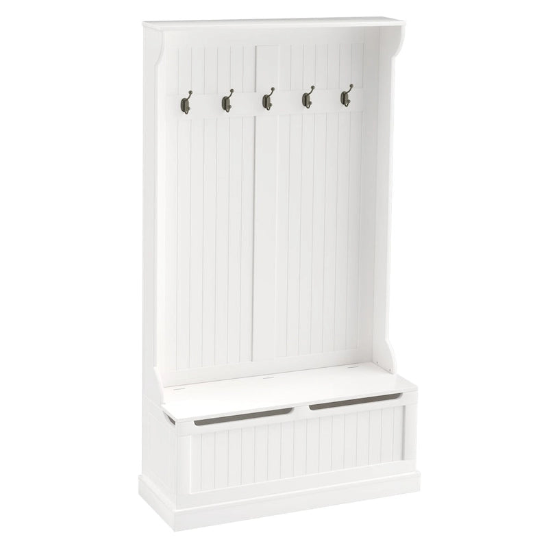 38 3-In-1 Entryway Hall Tree with Storage Bench, Coat Rack with Four Hooks and Shoe Storage, White