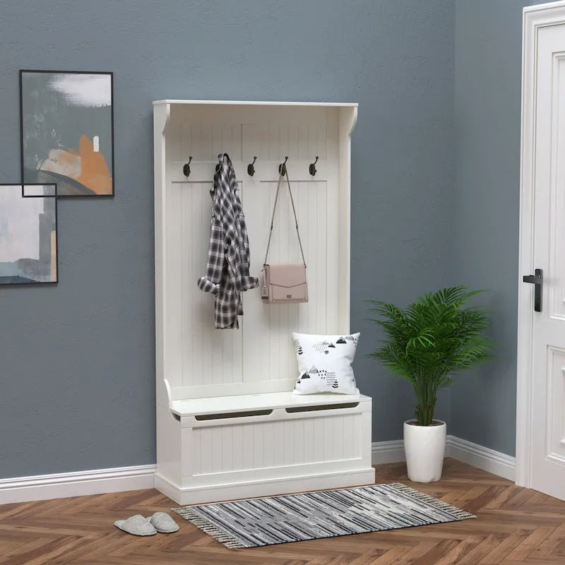 38 3-In-1 Entryway Hall Tree with Storage Bench, Coat Rack with Four Hooks and Shoe Storage, White
