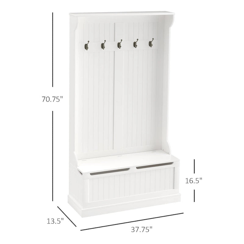 38 3-In-1 Entryway Hall Tree with Storage Bench, Coat Rack with Four Hooks and Shoe Storage, White