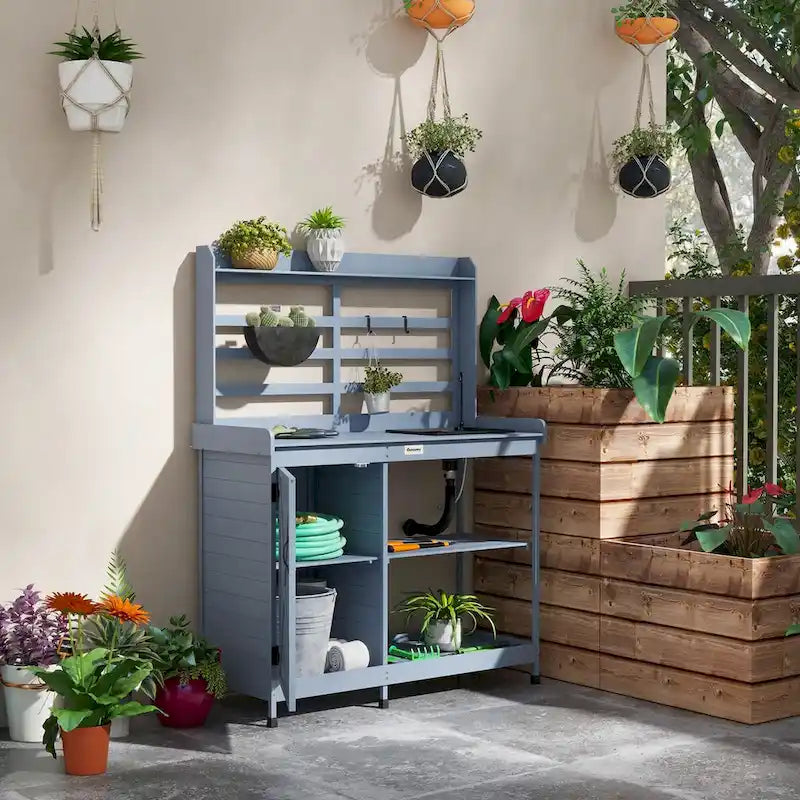 Wooden Potting Bench, Outdoor Potting Table with Storage Cabinet Shelves, Sink, Water Tap, Wood Table Top for Backyard