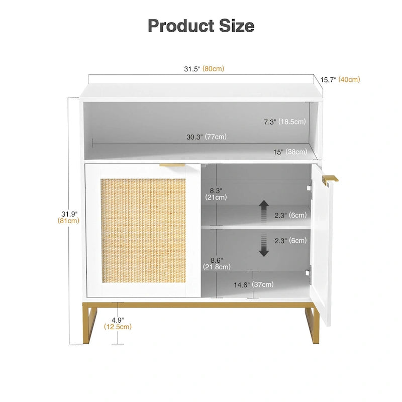 Anmytek Modern 2-Door White Wood Rattan Buffet Sideboard Kitchen Storage Cabinet with Adjustable Shelf
