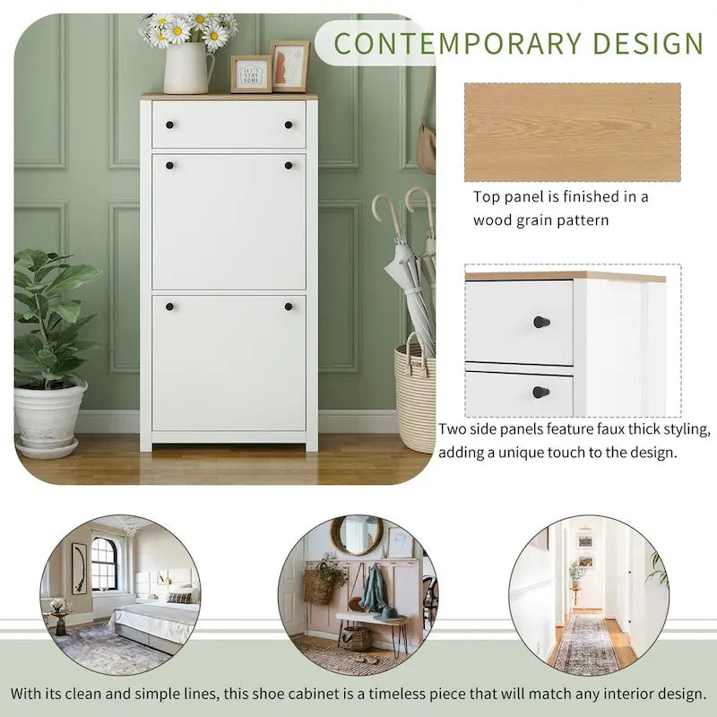 Entryway Organizer with 2 Flip Drawers, Wood Top Shoe Cabinet with Drawer, Free Standing Shoe Rack with Adjustable Panel, White
