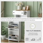 Entryway Organizer with 2 Flip Drawers, Wood Top Shoe Cabinet with Drawer, Free Standing Shoe Rack with Adjustable Panel, White