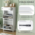 Entryway Organizer with 2 Flip Drawers, Wood Top Shoe Cabinet with Drawer, Free Standing Shoe Rack with Adjustable Panel, White