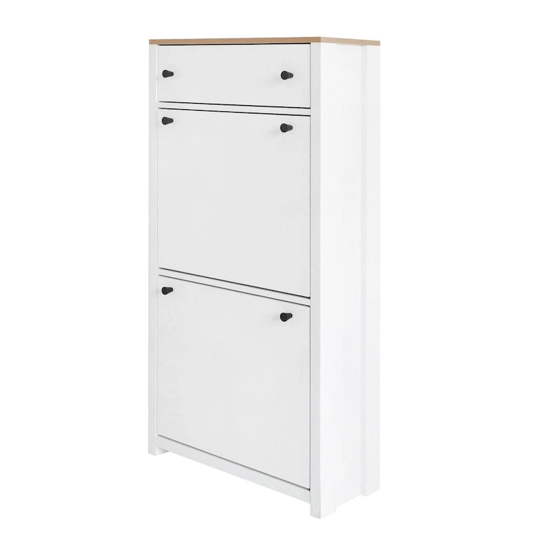 Entryway Organizer with 2 Flip Drawers, Wood Top Shoe Cabinet with Drawer, Free Standing Shoe Rack with Adjustable Panel, White