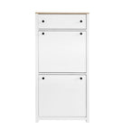 Entryway Organizer with 2 Flip Drawers, Wood Top Shoe Cabinet with Drawer, Free Standing Shoe Rack with Adjustable Panel, White