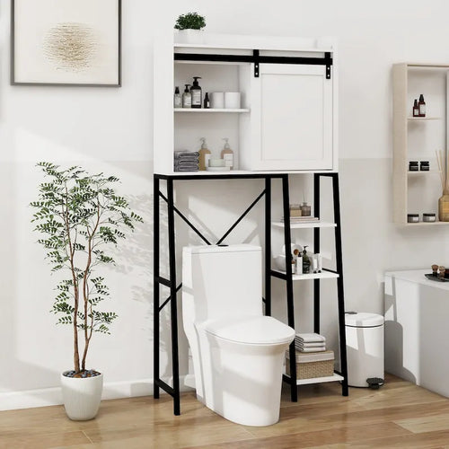 Above the toilet storage cabinet, bathroom shelf