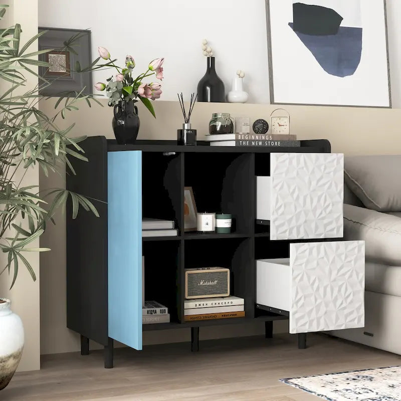 Sideboard Buffet Cabinet, Storage Cabinet with Red Doors, 2 Drawers with unique panel styling and 2 Open Storage Compartment