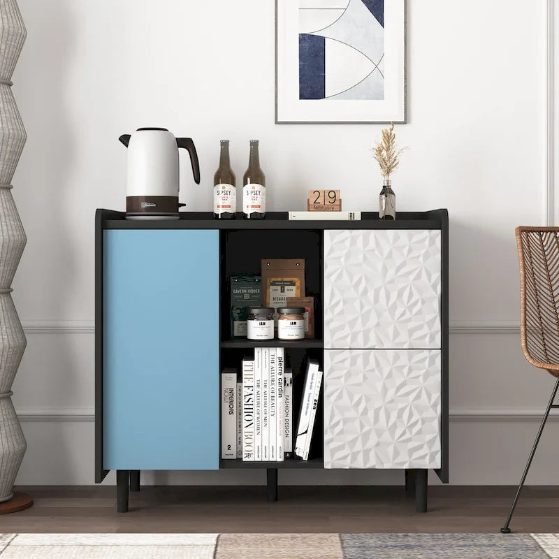 Sideboard Buffet Cabinet, Storage Cabinet with Red Doors, 2 Drawers with unique panel styling and 2 Open Storage Compartment