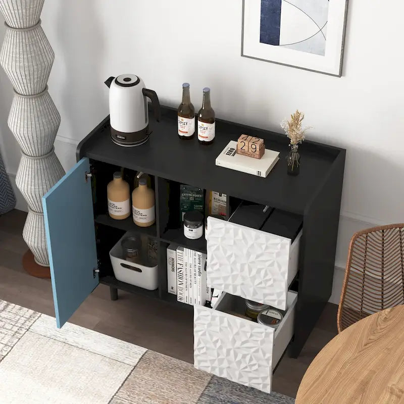 Sideboard Buffet Cabinet, Storage Cabinet with Red Doors, 2 Drawers with unique panel styling and 2 Open Storage Compartment