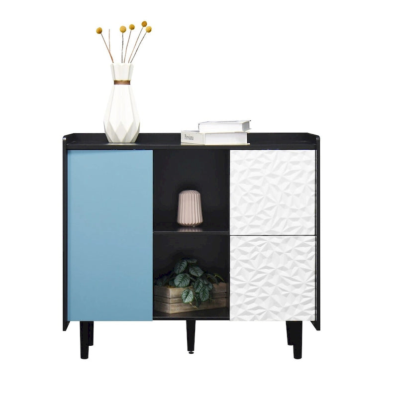 Sideboard Buffet Cabinet, Storage Cabinet with Red Doors, 2 Drawers with unique panel styling and 2 Open Storage Compartment