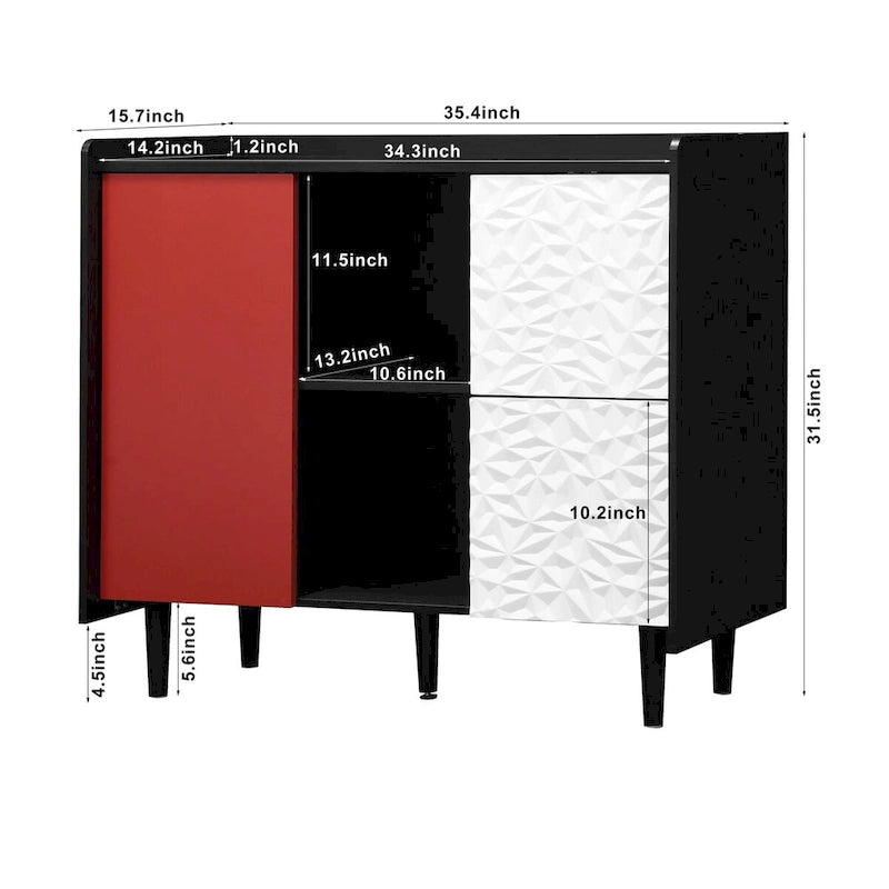 Sideboard Buffet Cabinet, Storage Cabinet with Red Doors, 2 Drawers with unique panel styling and 2 Open Storage Compartment
