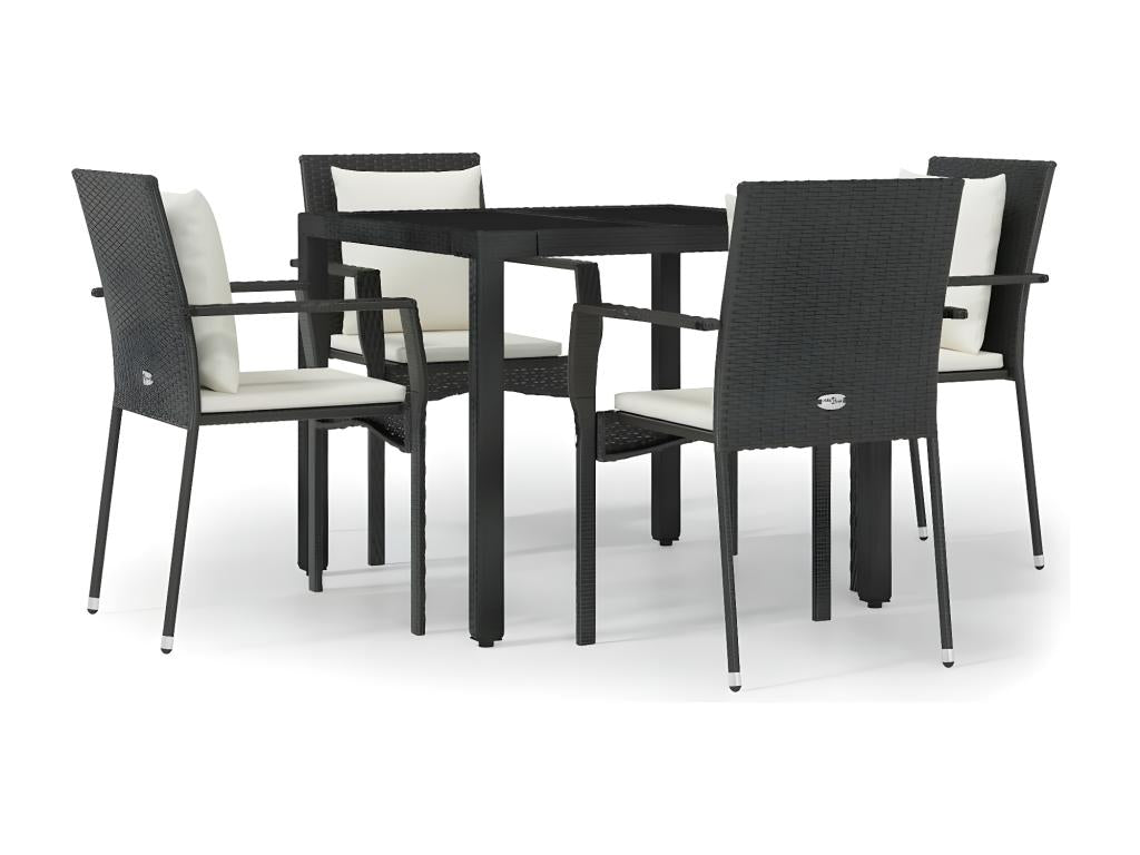 5-piece garden dining set with cushions, black woven resin