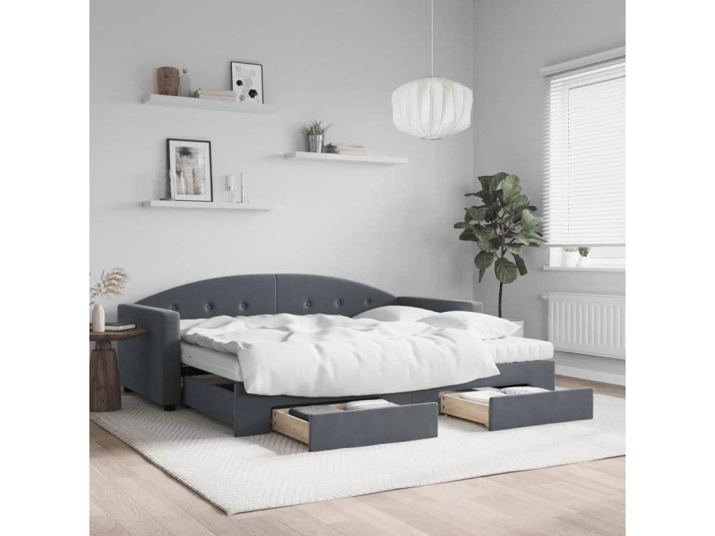Daybed with trundle and drawers, dark grey… 90x200cm velvet