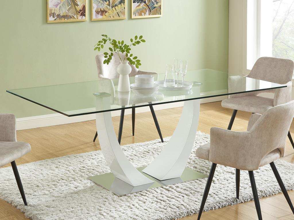 Dining table for 8 people in tempered glass, MDF and stainless steel - White - Meublita II